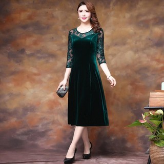 Váy Nhung Đỏ Nữ Young Đầm Nhung Qua Gối Dáng Rộng Phong Cách Phương Tây Hợp Thời Trang Xuân Thu Cho Phụ Nữ Trung Niên