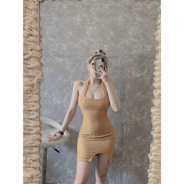 Đầm Xốp Vảy Cá Dáng Ngắn Cổ Yếm QC Hàng Xịn