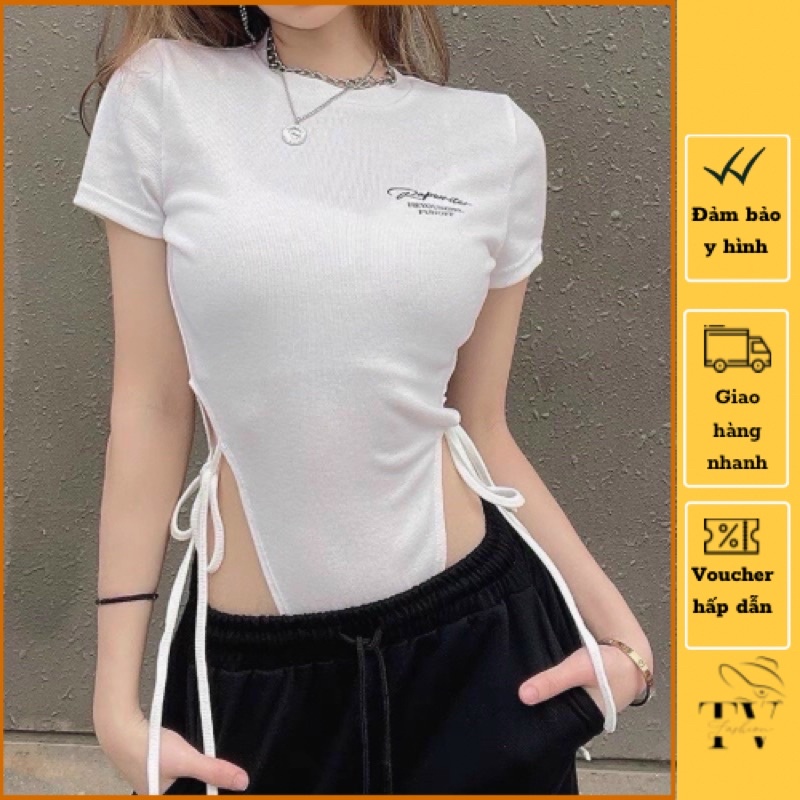 Áo bodysuit nữ màu trơn thêu chữ buộc dây eo cổ tròn ngắn tay sexy - Mã: 736 TV-Fashion