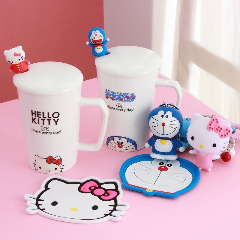 Cốc Sứ Uống Nước In Hình Hoạt Họa Doraemon / Hello Kitty Có Nắp Đậy Và Hộp Quà Tặng Cho Nam Và Nữ