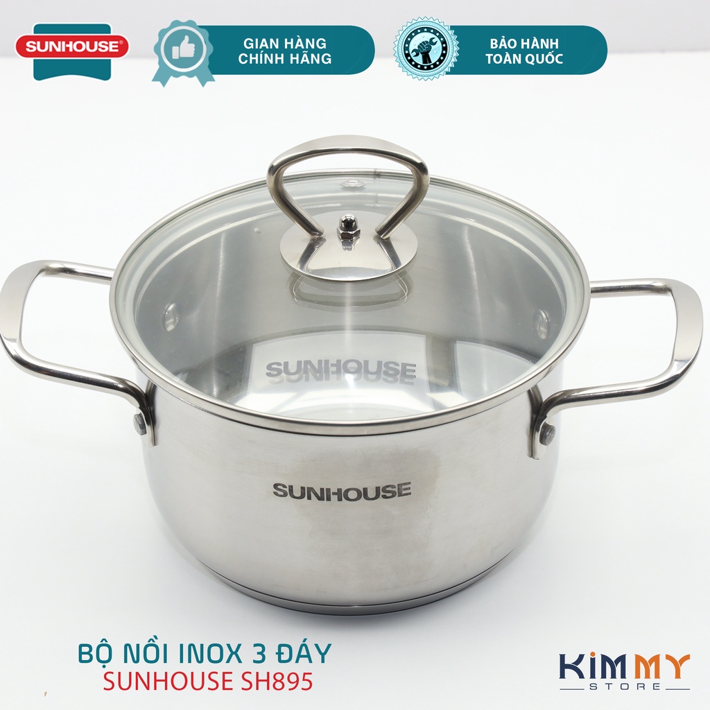 BỘ NỒI INOX 3 ĐÁY SUNHOUSE SHG895 KÈM XỬNG HẤP - DÙNG CHO MỌI LOẠI BẾP