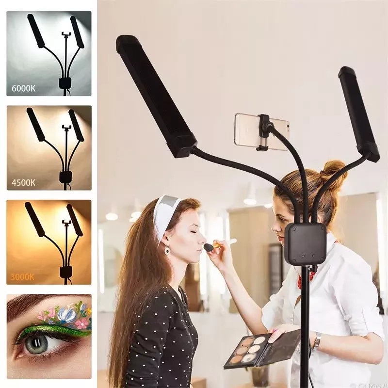 Đèn 2 râu AL- 45X + chân 2m1 3 màu LIVESTREAM chuyên dùng trong spa nối mi phun xăm trang điểm DOUBLE ARM LED chống lóa