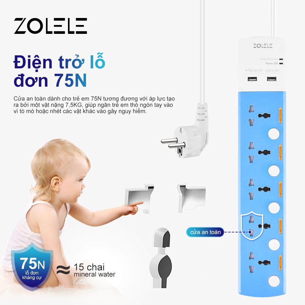 Ổ Cắm Điện Đa Năng zolele zk100 Dây nối dài 3M-5 lỗ 2USB - 2400W - Chính hãng