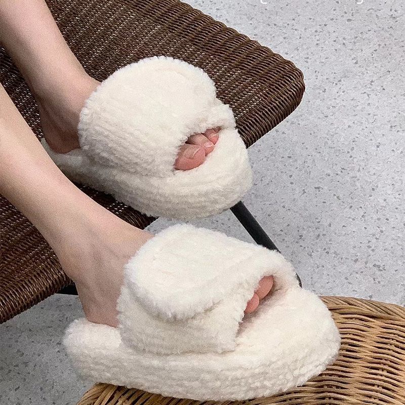 Dép Quai Ngang Đế Xuồng Quai Dán Lông Xù Thời Trang Dành Cho Nữ