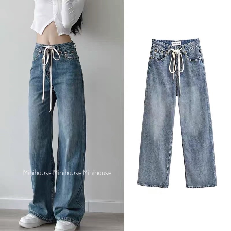 Quần jeans ống rộng lưng cao DÂY RÚT
