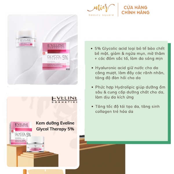 Kem Dưỡng Eveline Glycol Therapy 5% Anti Wrinkle Correcting Cream 50ml Trẻ Hoá Phục Hồi Da Với 5% Glycolic Acid