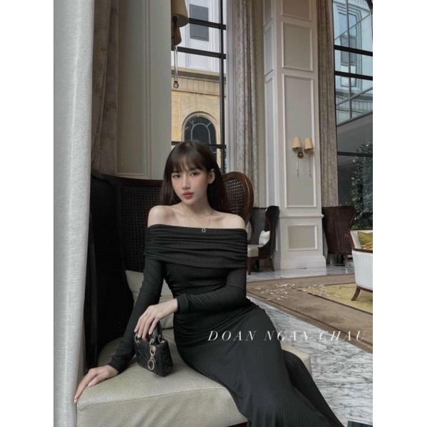 Đầm body trễ vai tay dài nhún eo siêu xinh, mẫu mới