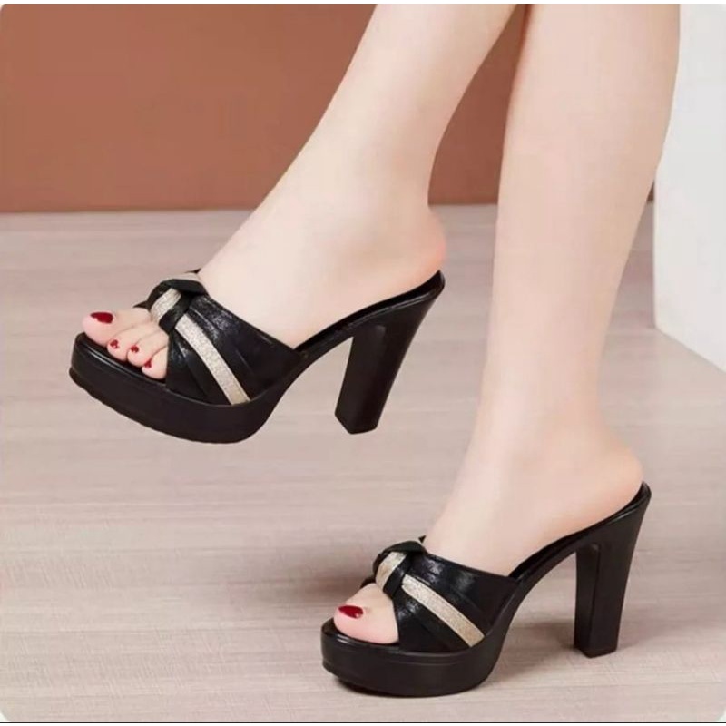Dép cao gót nơ cuộn sọc 7f