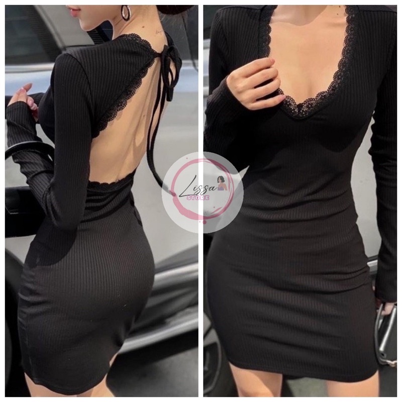 Đầm body đầm hở lưng phối viền ren dự tiệc (Giá sỉ) Lissa