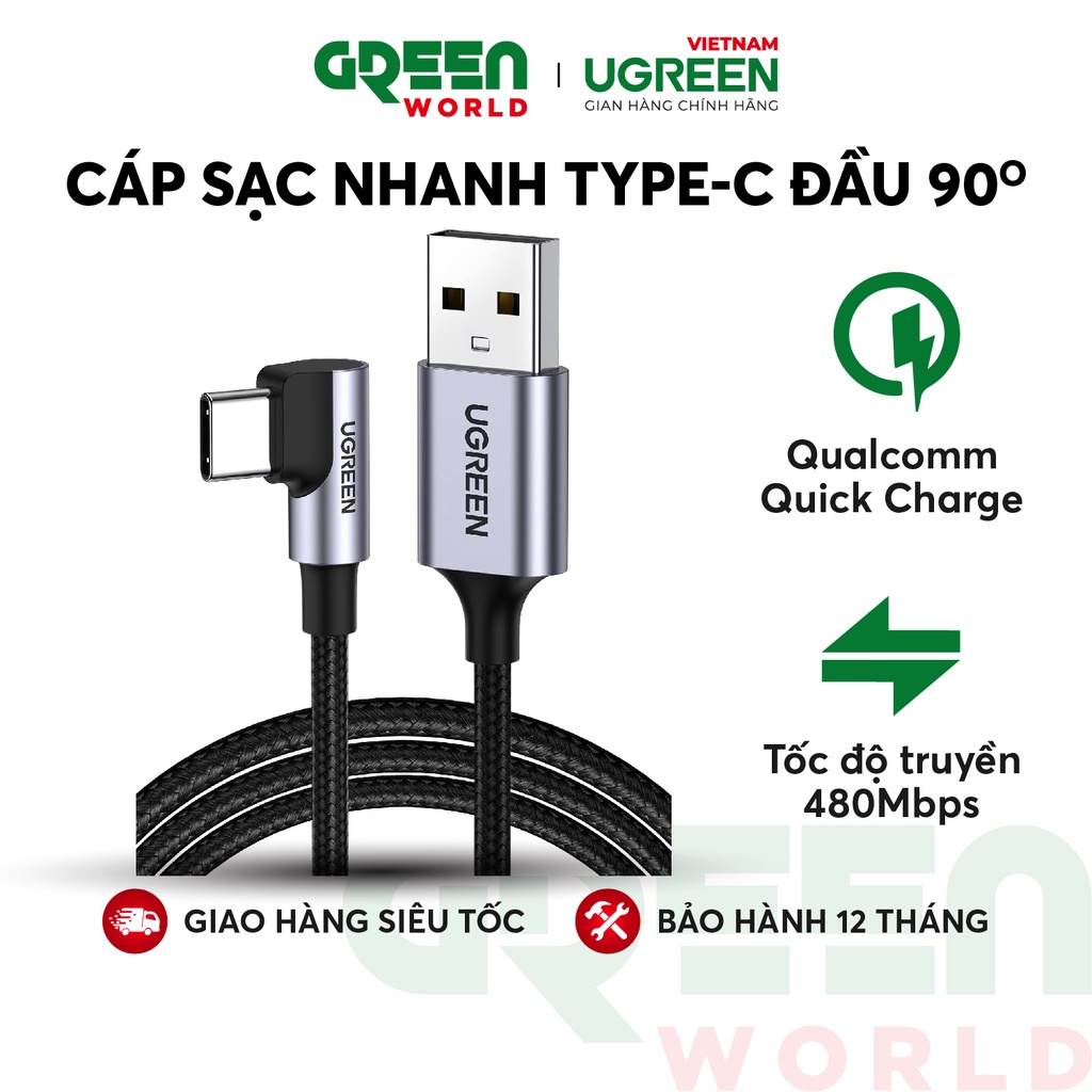 Cáp sạc và truyền dữ liệu dài 1-2m UGREEN US284 USB 2.0 sang USB type C, đầu vuông góc, vỏ bện nylon