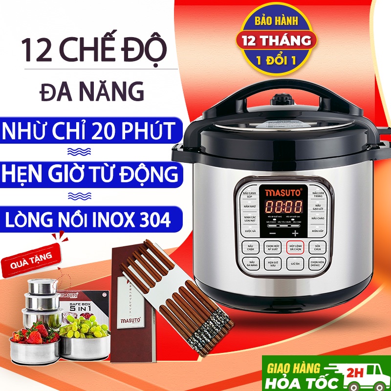 Nồi áp suất điện đa năng Masuto 6L chế độ ninh hầm siêu nhanh tiết kiệm thời gian COMBO