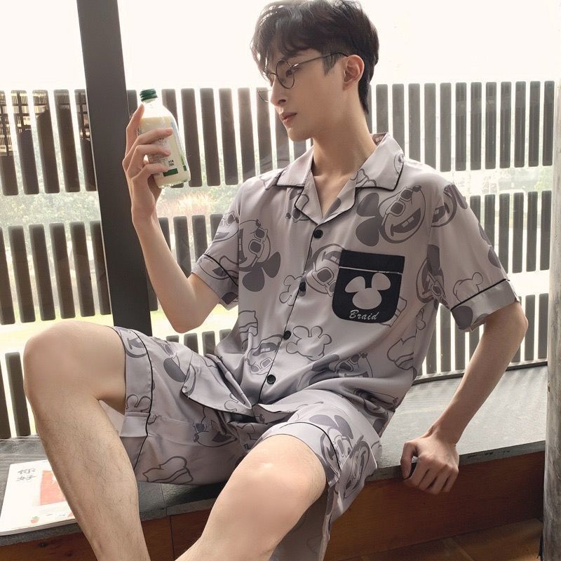 Bộ Đồ Ngủ Vải Lụa Lạnh Mỏng Tay Ngắn Phong Cách Hoạt Hình Dành Cho Nam Thanh Thiếu Niên