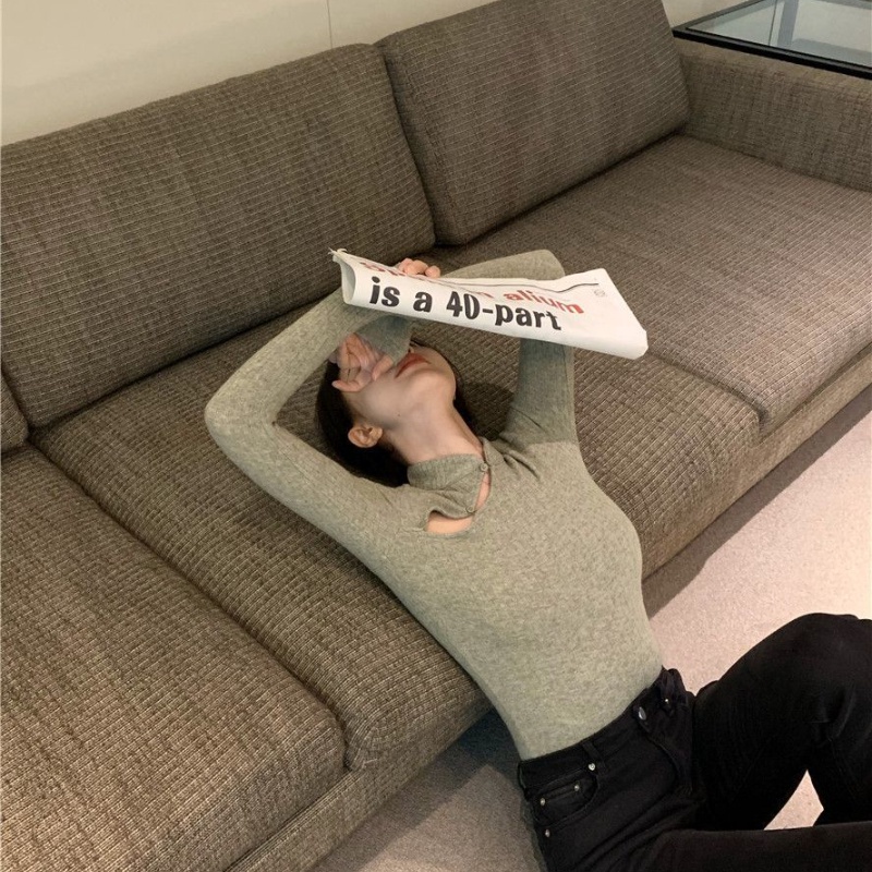 Áo sweater COZOKC dệt kim tay dài cổ đứng dáng ôm gợi cảm thời trang cho nữ