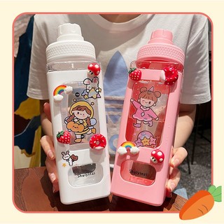 Bình nước hình vuông cỡ lớn dung tích 700ml tặng kèm sticker chìm và quai xách bình chống rò rỉ