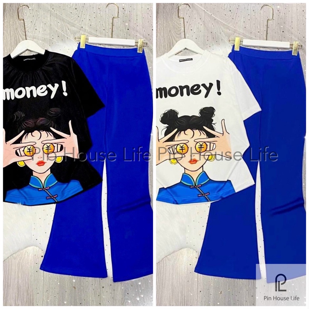 Set Bộ Với Áo Thun Tay Lỡ Chất Cotton Họa Tiết In 3D Kết Hợp Quần Dài Ống Loe Hách Dáng mét 7 cùng size 38 đến 68kg