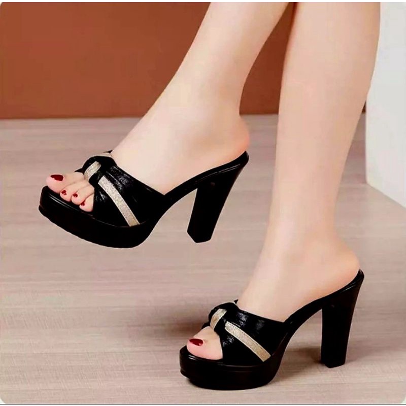 Dép cao gót nơ cuộn sọc 7f