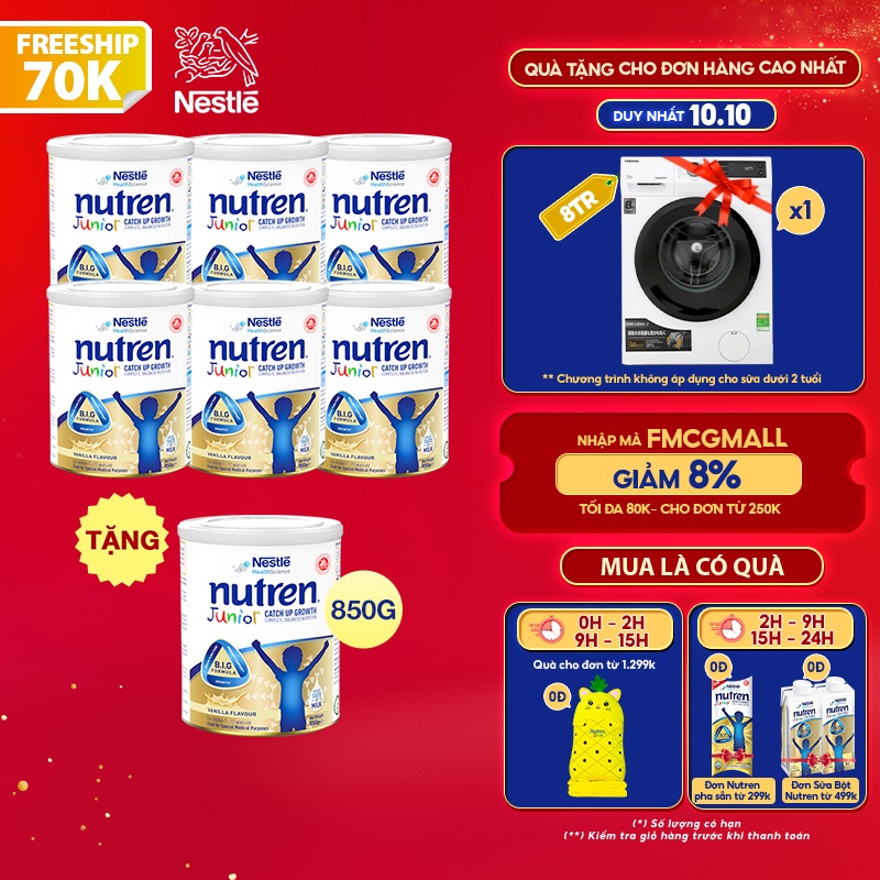 Combo 6 lon sữa bột Nutren Junior cho trẻ từ 1-12 tuổi 850g/lon