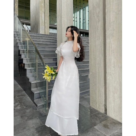 Áo dài voan tơ tay cánh tiên màu trắng cách điệu
