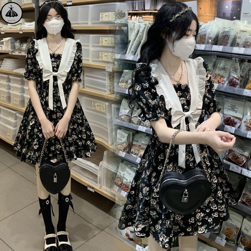 Váy babydoll Đầm Ngắn Dáng Chữ a Cổ Thủy Thủ Màu Đen / Hoa Ôm Eo Kiểu Pháp Xinh Xắn Cho Học Sinh