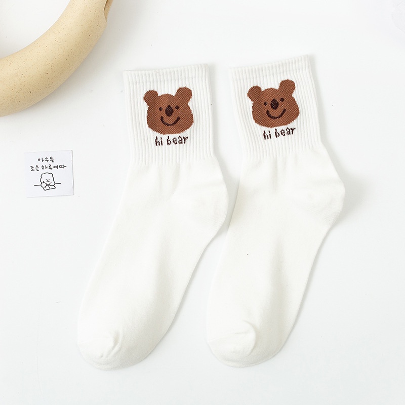 Set 5 Đôi Tất Gấu Trắng Cổ Cao,Vớ Nữ Họa Tiết Gấu Màu Trắng Phong Cách Hàn Siêu Cute