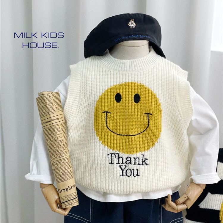 Áo Khoác Sweater Dệt Kim Sát Nách In Hình Mặt Cười Mẫu Mới 2022 Cho Bé Mẫu Giáo