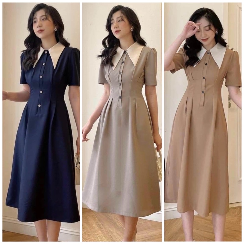 Đầm váy cổ trắng nút trước 5 màu (kèm hình thật)