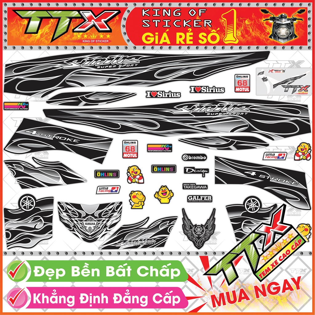Tem Xe Sirius Đen Trắng - Tem Sirius Lửa Đen Siêu Đẹp - Mẫu Team Sirius Trắng Đen (s059-A1)