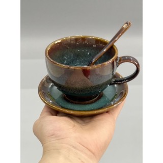 Bộ cốc tách sứ cà phê capuchino 220ml - Cốc thìa đĩa kê - Men hỏa biến - Gốm Bát tràng cao cấp