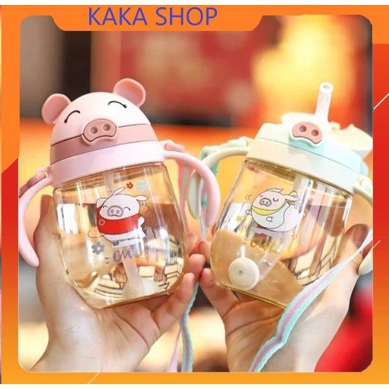 Bình tập uống chia vạch 350ML hình heo - Kèm dây đeo- Chống sặc
