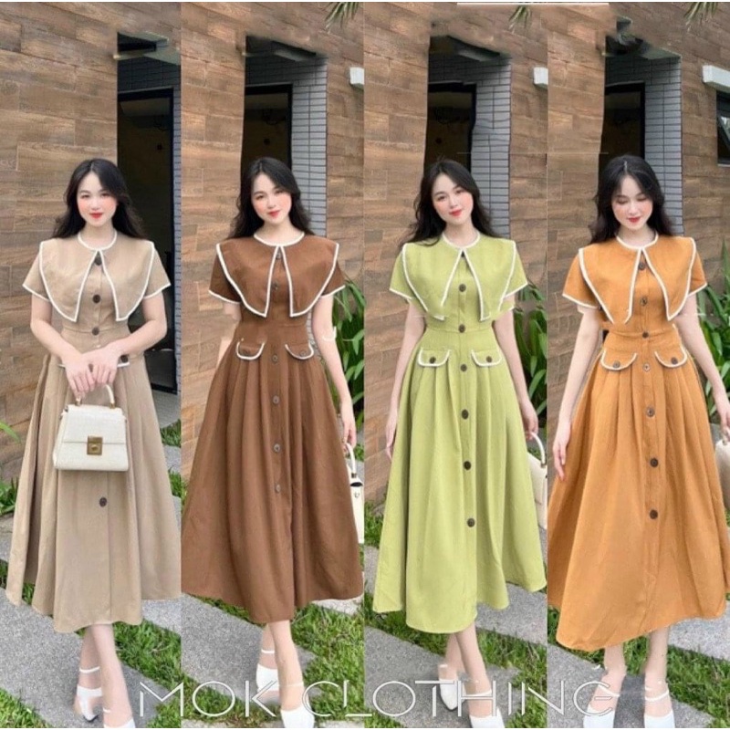 Đầm Cổ Nhọn Dáng Dài đính Nút Siêu Xinh Hàng Thiết Kế Cao Cấp