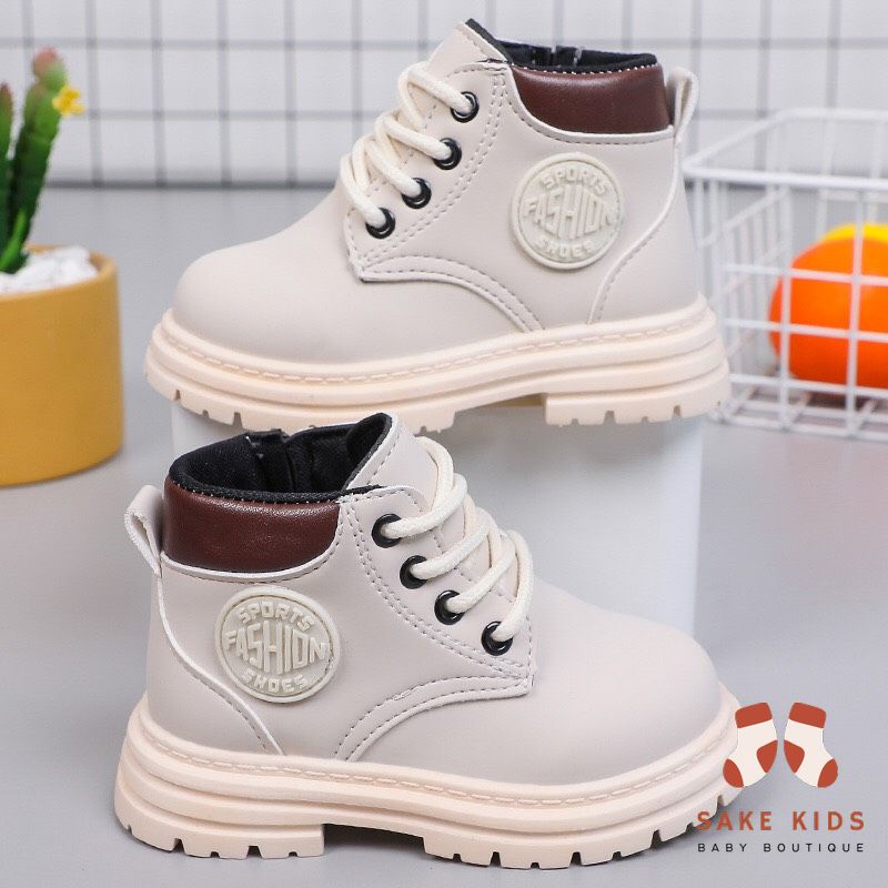 Giày bốt cao cổ cho bé trai bé gái, Bốt trẻ em da mềm mại đế cao su chống trơn phối dây buộc dễ thương mới nhất M333