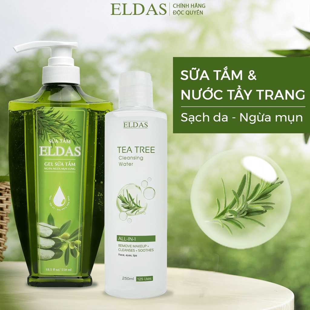 Bộ đôi Sữa tắm ngừa khuẩn ELDAS sạch 99% 550ml và Nước tẩy trang da dầu mụn Eldas tinh chất Tràm trà 250ml