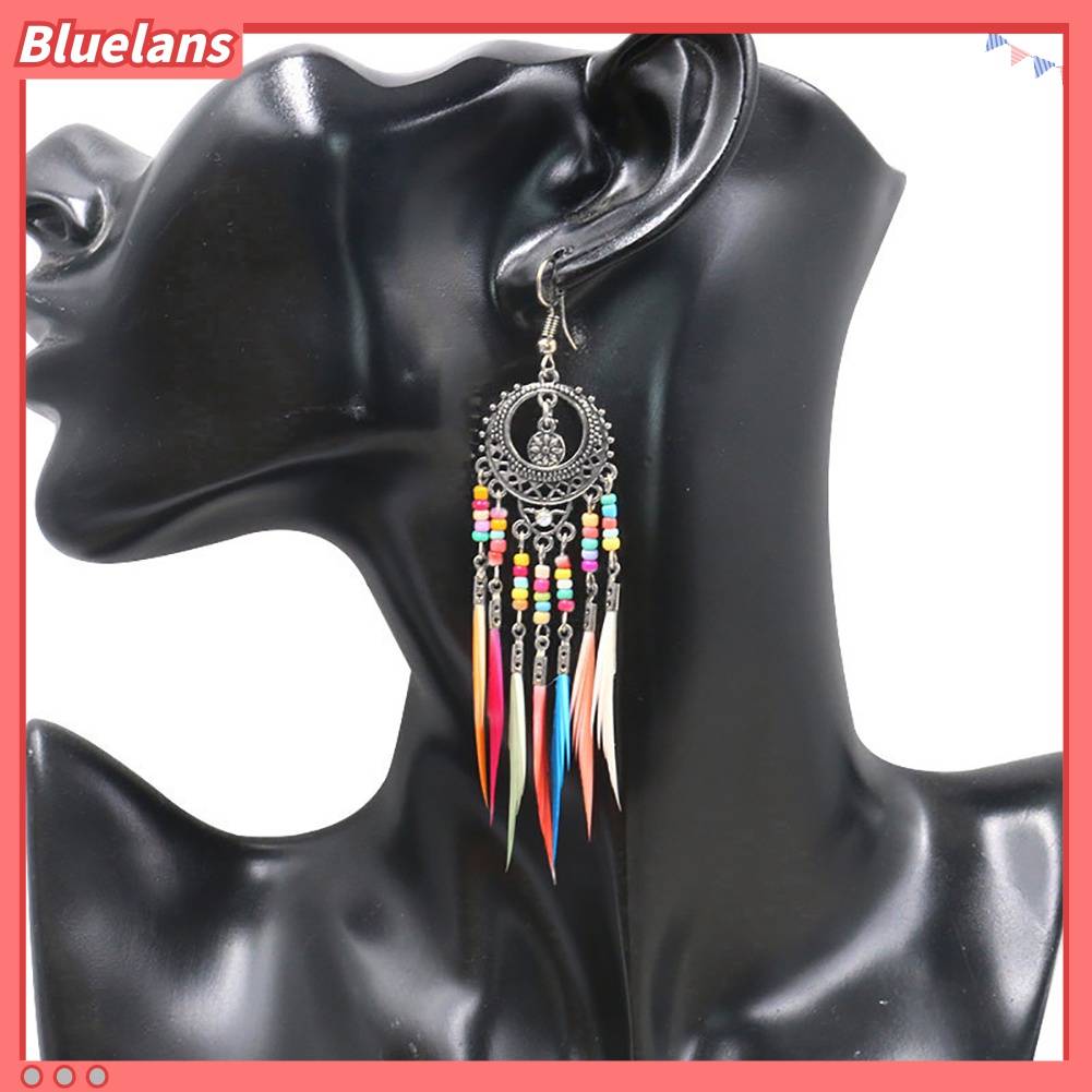 Bông Tai Dạng Móc Hình Tròn Khắc Họa Tiết Lông Vũ Tua Rua Phong Cách Boho Cho Nữ 48h