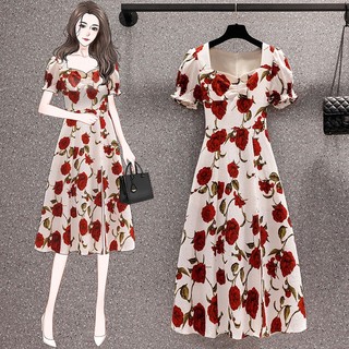 Đầm vải màu kem in hoa hồng đỏ big size dự tiệc size 65-80kg