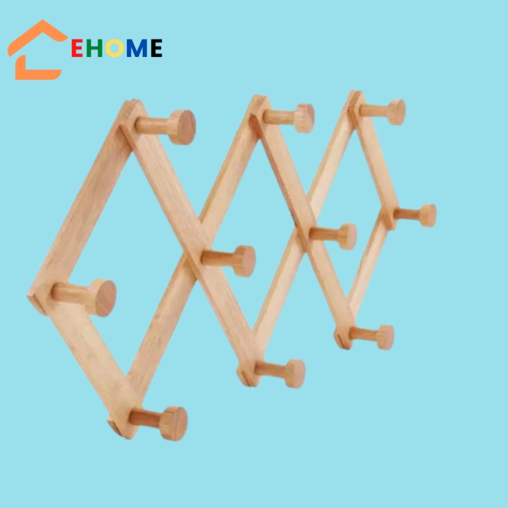 Móc treo đồ quần áo mũ nón và phụ kiện khoan hoặc dán tường đa năng bằng gỗ cao su tự nhiên loại đẹp có 10 chấu núm