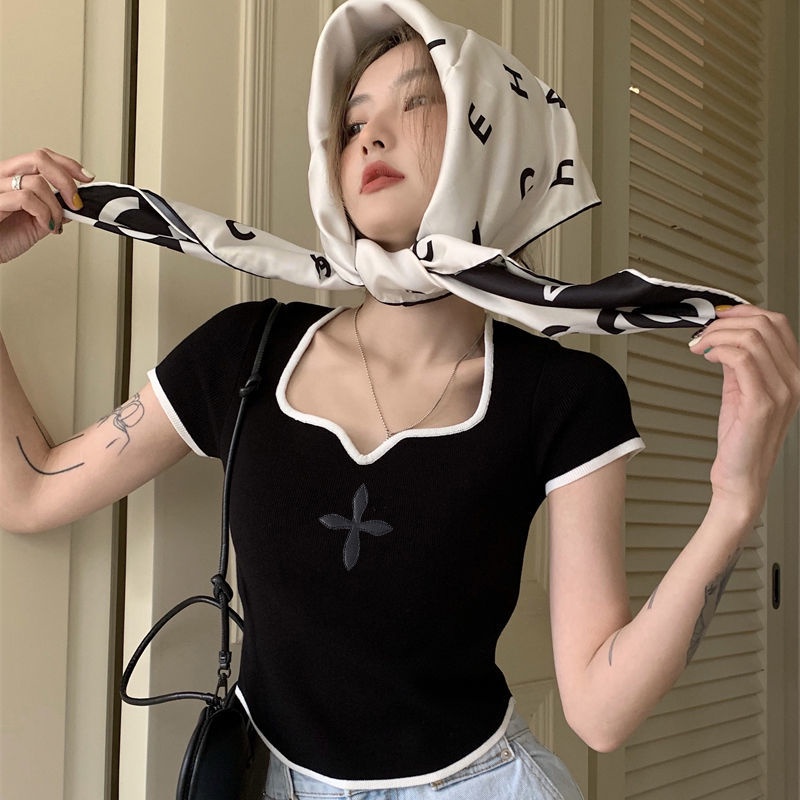 Áo Thun Ngắn Tay Cổ Vuông Màu Sắc Tương Phản Thời Trang Mùa Hè Cho Nữ