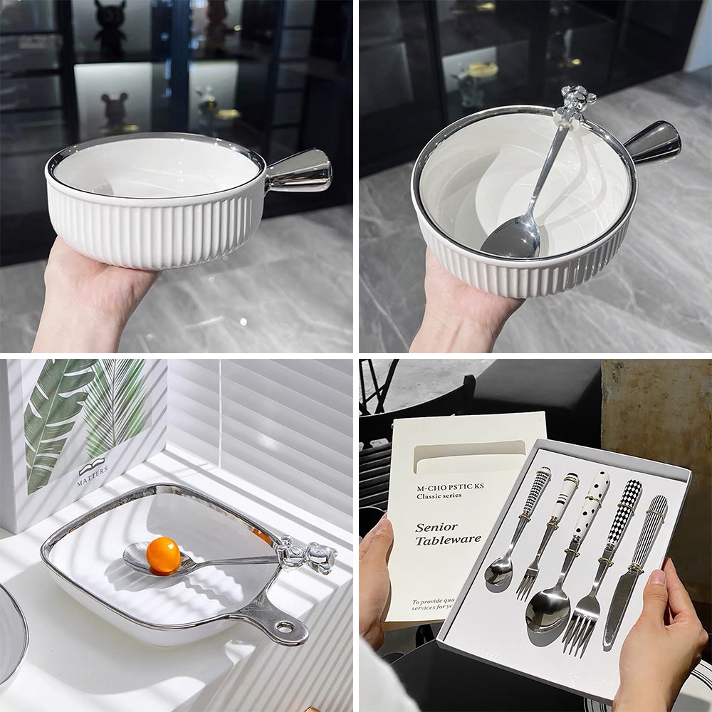 Bát đĩa sứ có tay cầm, bộ đồ bàn ăn trắng viền bạc phong cách Hàn Quốc - VS357