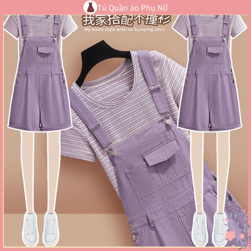 Set Áo Thun Ngắn Tay Sọc Ngang + Quần Yếm Denim Thời Trang Hè 2022 Mới Cho Nữ