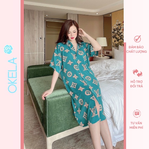 Váy sơ mi lụa ngủ dáng dài suông phom rộng họa tiết dễ thương OKELA QQ