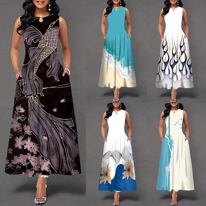 Đầm Maxi Chữ A Không Tay In Họa Tiết Phong Cách Boho Plus Size