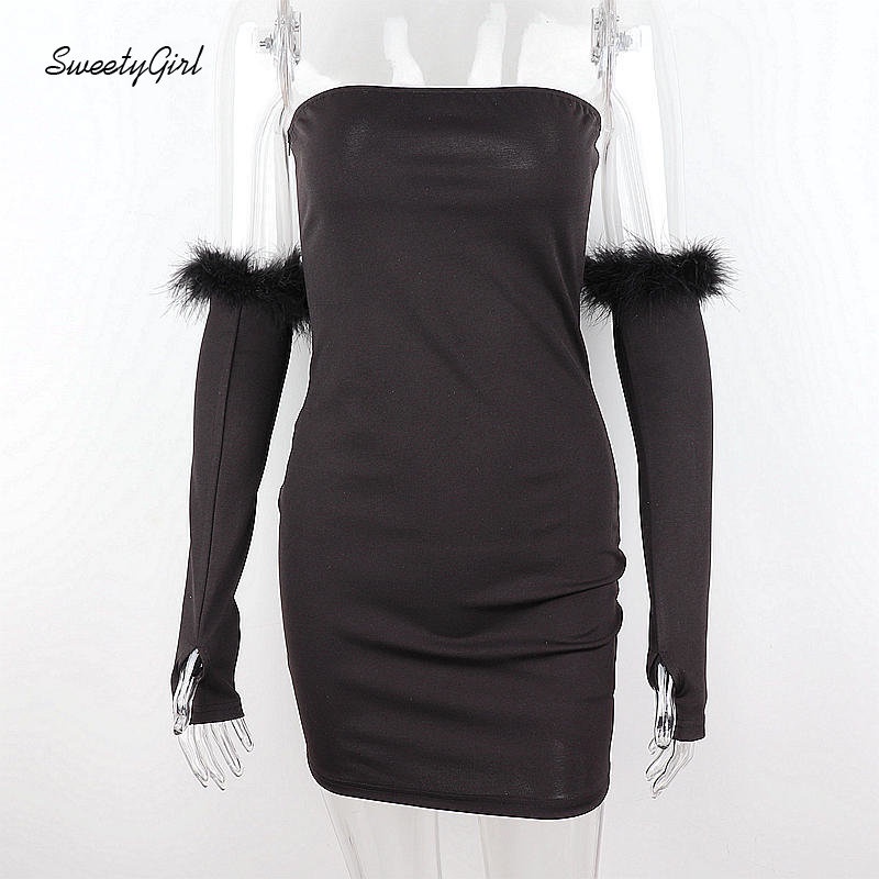 Đầm Lông Xù Màu Đen Trễ Vai Ôm Eo Gợi Cảm Thời Trang 2022 Cho Bạn Gái