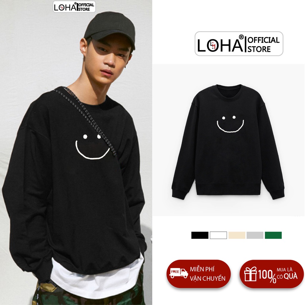 Áo Sweater Mặt Cười oversize LOHA Basic, áo nỉ Nhật cao cấp dài tay Unisex LOHA
