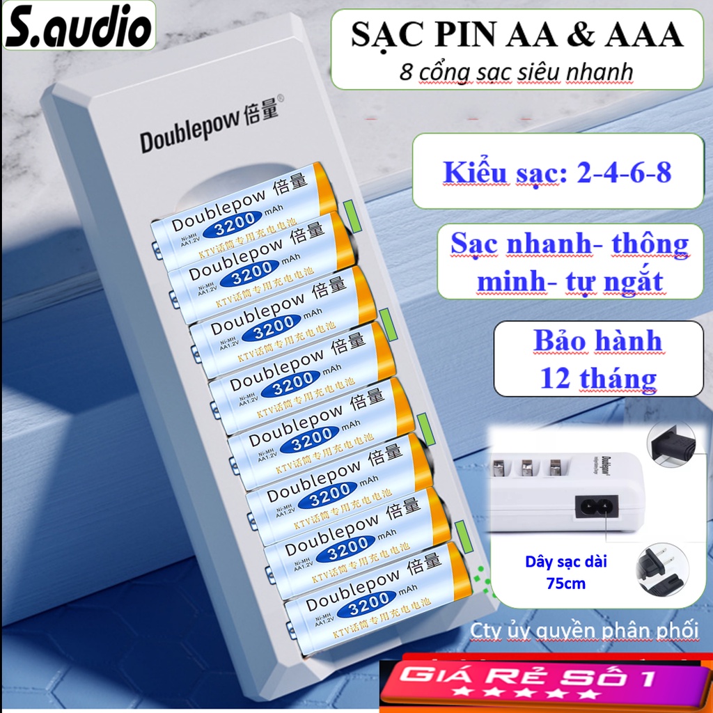 Sạc pin AA & AAA 8 cổng + 08 Pin AA 3200mah , Sạc K18 Doublepow dòng sạc nhanh tự ngắt khi pin đầy , pin dung lượng cao
