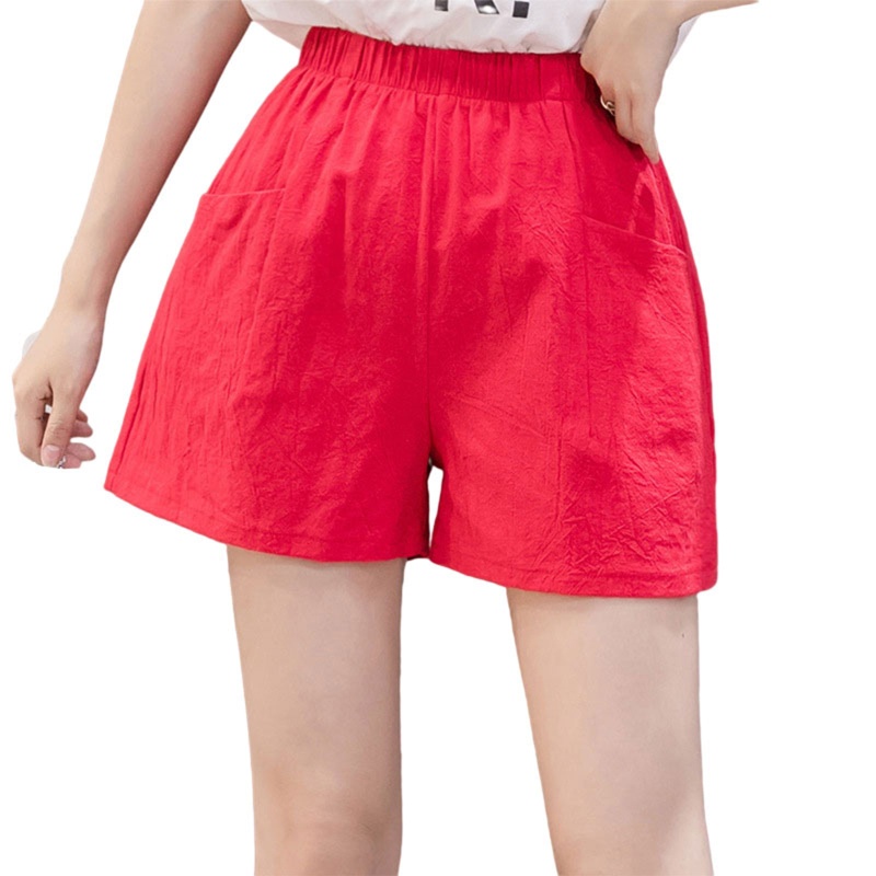 Quần Short Linen Cotton Lưng Cao Co Giãn Màu Sắc Trơn Ống Rộng Có Túi Dành Cho Nữ