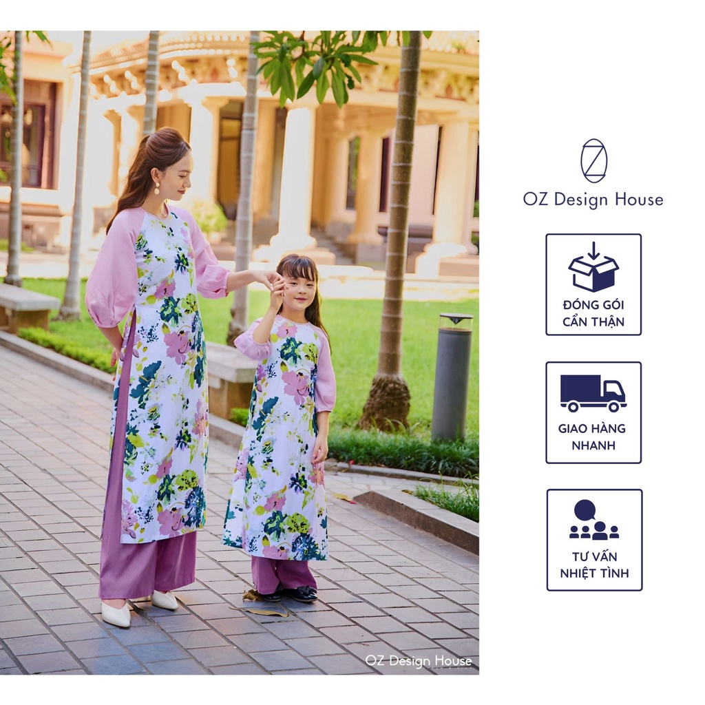 (Không kèm quần) Áo dài cho mẹ OZ Design House AD02185AUT22 nền trắng in hoa chất linen lụa cổ tròn phối tay hồng nhạt