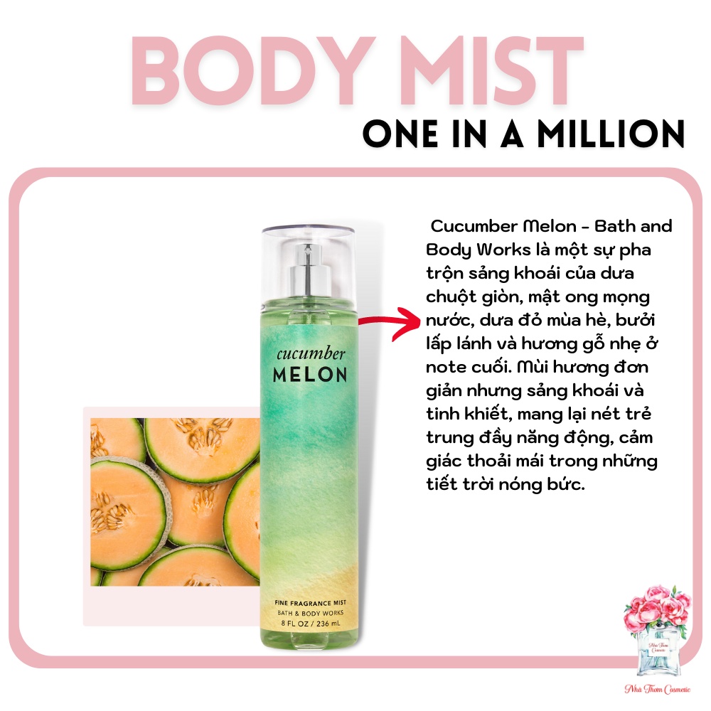 Xịt Thơm Toàn Thân Body Mist Bath & Body Works Cucumber Melon Hương Thơm Thanh Mát Mùa Hè 236ml