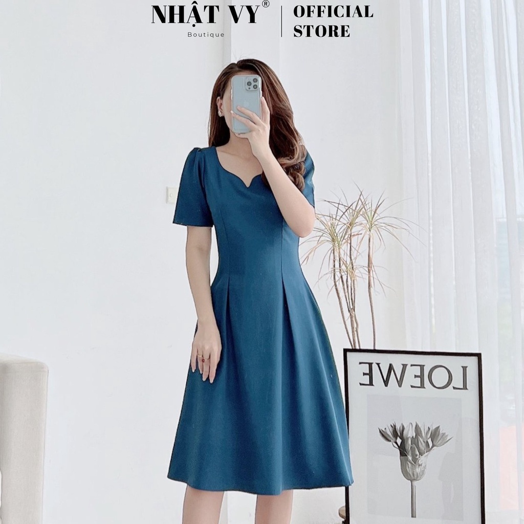 Đầm dự tiệc dáng xoè Nhật Vy cổ cách điệu tay ngắn chất cotton phù hợp đi chơi, dạo phố, cafe sang chảnh - D2386