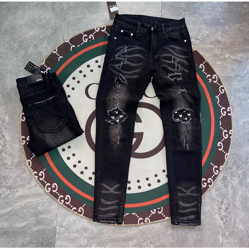 Quần jean bò nam skinny wash đen mài bạc rách xước gối lót da nhăn thỏ Playboy ống phối kẻ xếp trắng