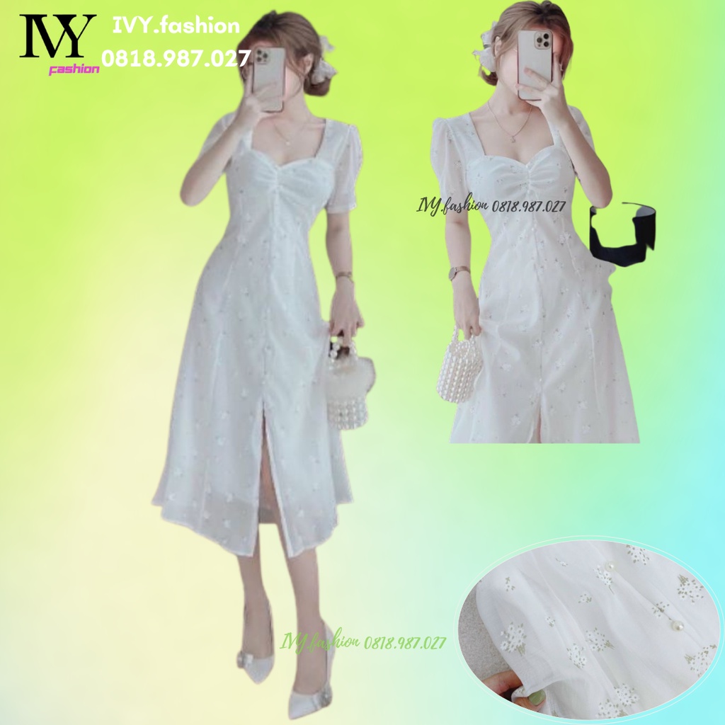 🔥40-65KG🔥 Đầm váy midi nữ bigsize 🔥voan tơ hoa nhí🔥 trắng nhíu ngực đính hạt tay ngắn xẻ tà cổ vuông đi biển dự tiệc