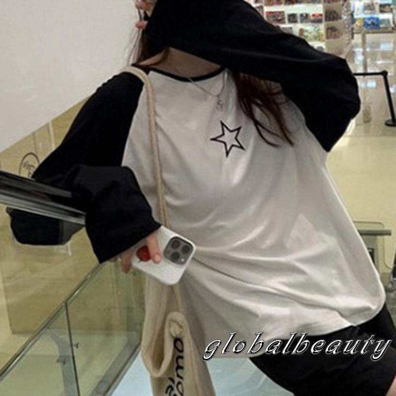 Áo Thun Tay Dài Cổ Tròn In Hình Ngôi Sao Màu Sắc Tương Phản Thời Trang Cho Nữ Size S / M / L